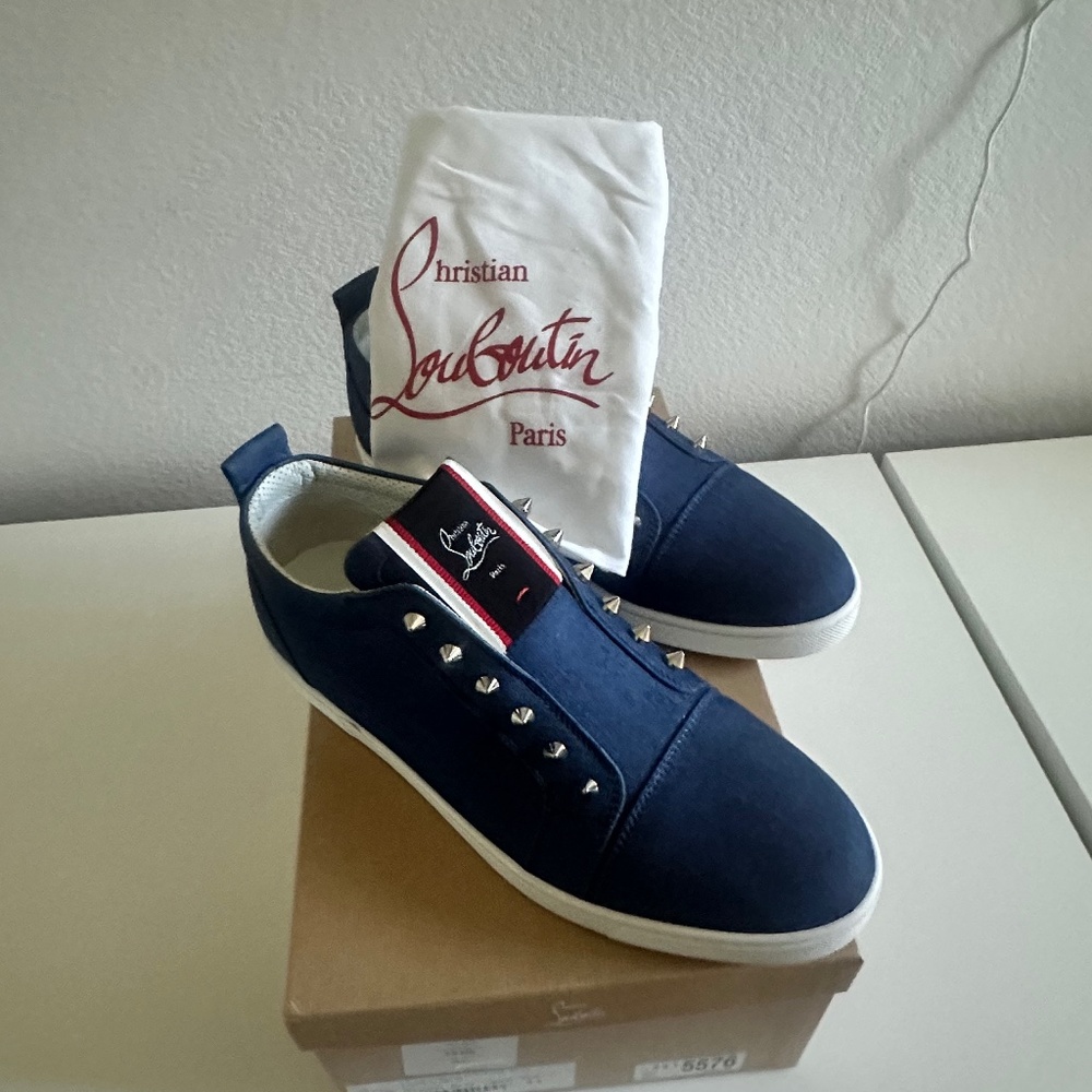 CHRISTIAN LOUBOUTIN Men's Fique a Vontade Red Sole Denim Slip-On Sneakers